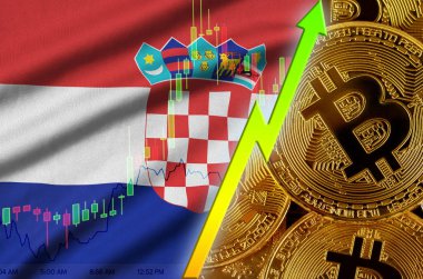 Hırvatistan bayrağı ve eğilim birçok altın bitcoins ile büyüyen cryptocurrency