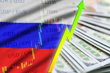 Rusya bayrağı ve bize para bir yelpaze ile dolar pozisyon büyüyen grafik