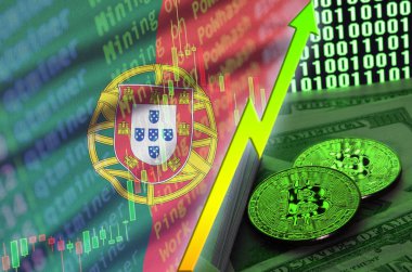 Portekiz bayrağı ve eğilim iki bitcoins dolar faturaları ve ikili kod görüntü ile büyüyen cryptocurrency