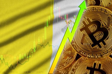 Vatikan şehir devleti bayrağı ve eğilim birçok altın bitcoins ile büyüyen cryptocurrency