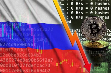 Rusya bayrağı ve bitcoin araştırma ekran ve iki fiziksel altın bitcoins düşen kırmızı ok