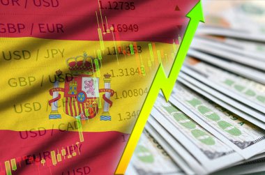 İspanya bayrağı ve bize para bir yelpaze ile dolar pozisyon büyüyen grafik