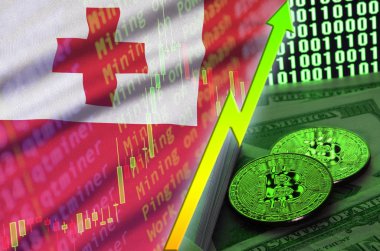 Tonga bayrak ve eğilim iki bitcoins dolar faturaları ve ikili kod görüntü ile büyüyen cryptocurrency