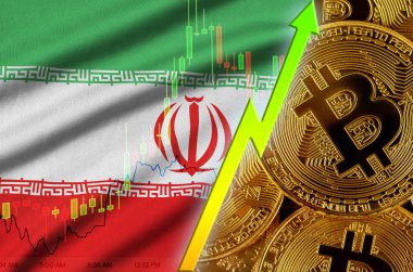 Iran bayrağı ve eğilim birçok altın bitcoins ile büyüyen cryptocurrency