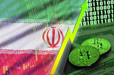 Iran bayrağı ve eğilim iki bitcoins dolar faturaları ve ikili kod görüntü ile büyüyen cryptocurrency