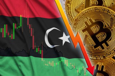 Libya bayrağı ve eğilim ile birçok altın bitcoins düşen cryptocurrency
