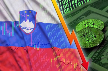 Slovenya bayrağı ve eğilim iki bitcoins ile düşen dolar faturaları ve ikili kod görüntü cryptocurrency