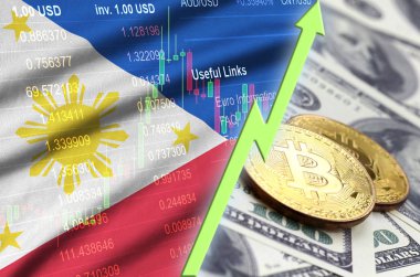 Filipinler bayrağı ve eğilim ile iki bitcoins dolar faturaları üzerinde büyüyen cryptocurrency