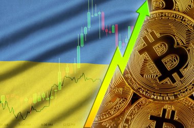 Ukrayna bayrağı ve eğilim birçok altın bitcoins ile büyüyen cryptocurrency