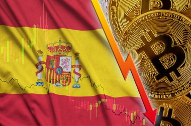 İspanya bayrağı ve eğilim ile birçok altın bitcoins düşen cryptocurrency