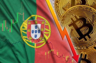 Portekiz bayrağı ve eğilim ile birçok altın bitcoins düşen cryptocurrency