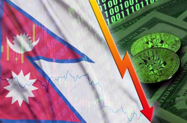 Nepal bayrağı ve eğilim iki bitcoins ile düşen dolar faturaları ve ikili kod görüntü cryptocurrency