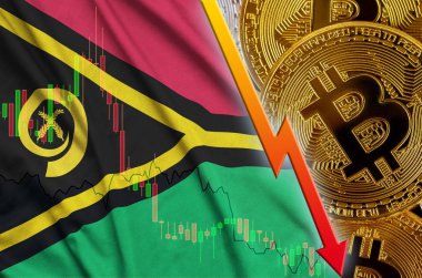 Vanuatu bayrağını ve eğilim ile birçok altın bitcoins düşen cryptocurrency