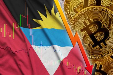 Antigua ve Barbuda bayrağı ve eğilim ile birçok altın bitcoins düşen cryptocurrency