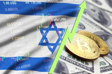 İsrail bayrağı ve eğilim ile iki bitcoins dolar faturaları üzerinde büyüyen cryptocurrency