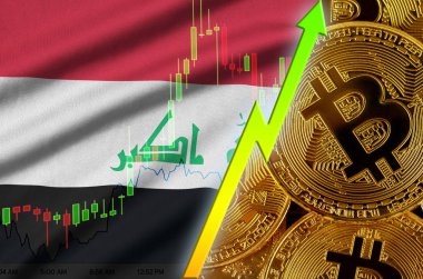 Irak bayrağı ve eğilim birçok altın bitcoins ile büyüyen cryptocurrency