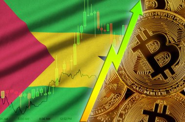 Sao Tome ve Principe bayrak ve eğilim birçok altın bitcoins ile büyüyen cryptocurrency