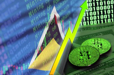 Saint Lucia bayrak ve eğilim iki bitcoins dolar faturaları ve ikili kod görüntü ile büyüyen cryptocurrency
