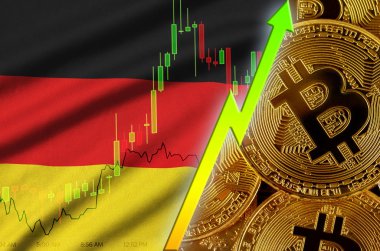 Almanya bayrağı ve eğilim birçok altın bitcoins ile büyüyen cryptocurrency