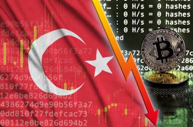 Türkiye'nin bayrak ve bitcoin araştırma ekran ve iki fiziksel altın bitcoins düşen kırmızı ok