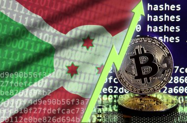 Burundi bayrağı ve bitcoin araştırma ekran ve iki fiziksel altın bitcoins yükselen Yeşil ok