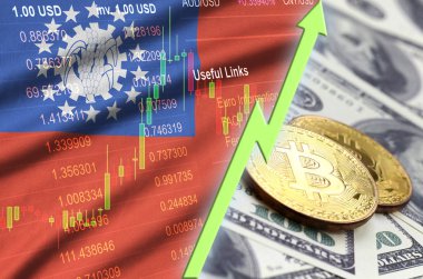 Myanmar bayrağı ve eğilim ile iki bitcoins dolar faturaları üzerinde büyüyen cryptocurrency