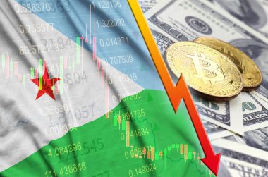 Cibuti bayrağı ve eğilim ile iki bitcoins dolar faturaları üzerinde düşen cryptocurrency