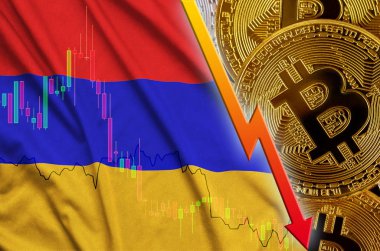 Ermenistan bayrağı ve eğilim ile birçok altın bitcoins düşen cryptocurrency