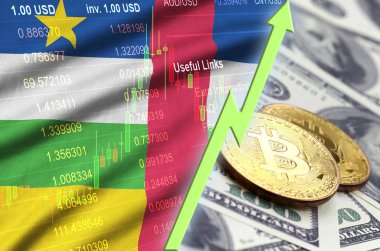 Orta Afrika Cumhuriyeti bayrağı ve eğilim ile iki bitcoins dolar faturaları üzerinde büyüyen cryptocurrency