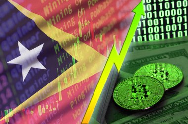 Timor Leste bayrak ve eğilim iki bitcoins dolar faturaları ve ikili kod görüntü ile büyüyen cryptocurrency