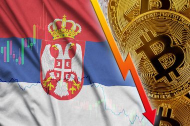 Sırbistan bayrağı ve eğilim ile birçok altın bitcoins düşen cryptocurrency