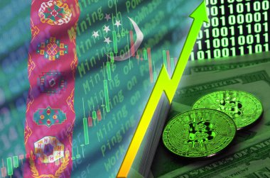 Türkmenistan bayrağı ve eğilim iki bitcoins dolar faturaları ve ikili kod görüntü ile büyüyen cryptocurrency