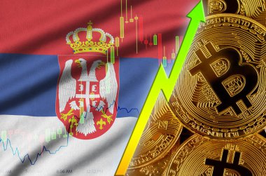 Sırbistan bayrağı ve eğilim birçok altın bitcoins ile büyüyen cryptocurrency
