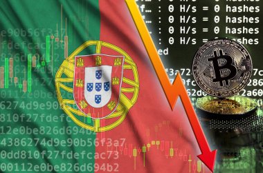 Portekiz bayrağı ve bitcoin araştırma ekran ve iki fiziksel altın bitcoins düşen kırmızı ok