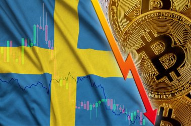 İsveç bayrağı ve eğilim ile birçok altın bitcoins düşen cryptocurrency