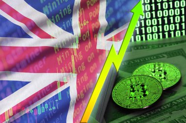 Büyük Britanya bayrağı ve eğilim iki bitcoins dolar faturaları ve ikili kod görüntü ile büyüyen cryptocurrency