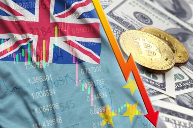Tuvalu bayrağı ve eğilim ile iki bitcoins dolar faturaları üzerinde düşen cryptocurrency