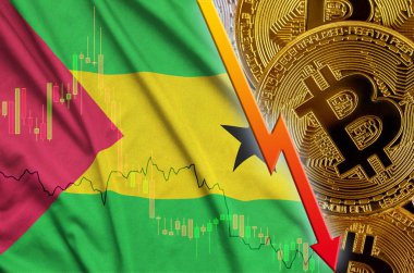 Sao Tome ve Principe bayrak ve eğilim ile birçok altın bitcoins düşen cryptocurrency