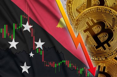 Papua Yeni Gine bayrağı ve eğilim ile birçok altın bitcoins düşen cryptocurrency