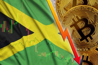 Jamaika bayrağını ve eğilim ile birçok altın bitcoins düşen cryptocurrency