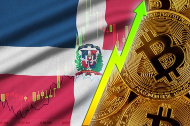 Dominik Cumhuriyeti bayrağı ve eğilim birçok altın bitcoins ile büyüyen cryptocurrency