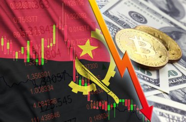 Angola bayrağı ve eğilim ile iki bitcoins dolar faturaları üzerinde düşen cryptocurrency