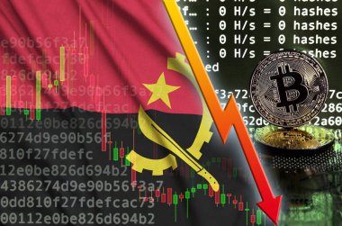 Angola bayrağı ve bitcoin araştırma ekran ve iki fiziksel altın bitcoins düşen kırmızı ok