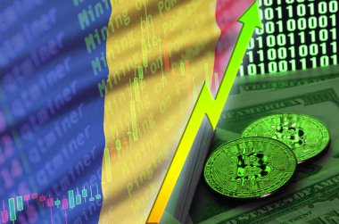 Romanya bayrağı ve eğilim iki bitcoins dolar faturaları ve ikili kod görüntü ile büyüyen cryptocurrency