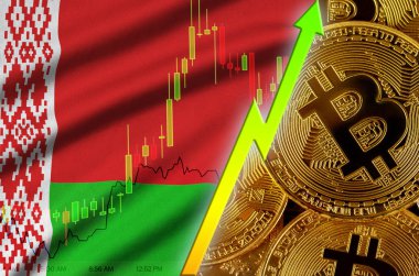 Beyaz Rusya bayrağı ve eğilim birçok altın bitcoins ile büyüyen cryptocurrency