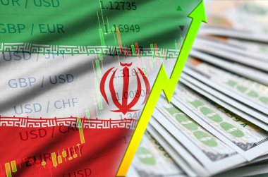 Iran bayrağı ve bize para bir yelpaze ile dolar pozisyon büyüyen grafik
