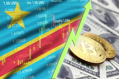 Demokratik Cumhuriyeti Kongo bayrak ve eğilim ile iki bitcoins dolar faturaları üzerinde büyüyen cryptocurrency