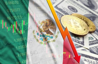 Meksika bayrağı ve eğilim ile iki bitcoins dolar faturaları üzerinde düşen cryptocurrency