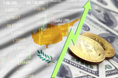Kıbrıs bayrağı ve eğilim ile iki bitcoins dolar faturaları üzerinde büyüyen cryptocurrency