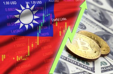 Tayvan Bayrağı ve eğilim ile iki bitcoins dolar faturaları üzerinde büyüyen cryptocurrency